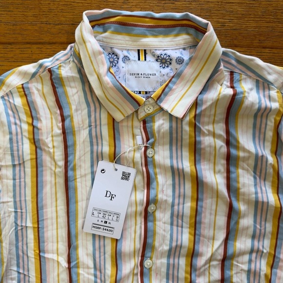 New Denim & Flower Striped Shirt‎ Short Sleeve Button Up Casual Colorful Mens L - Picture 3 of 6